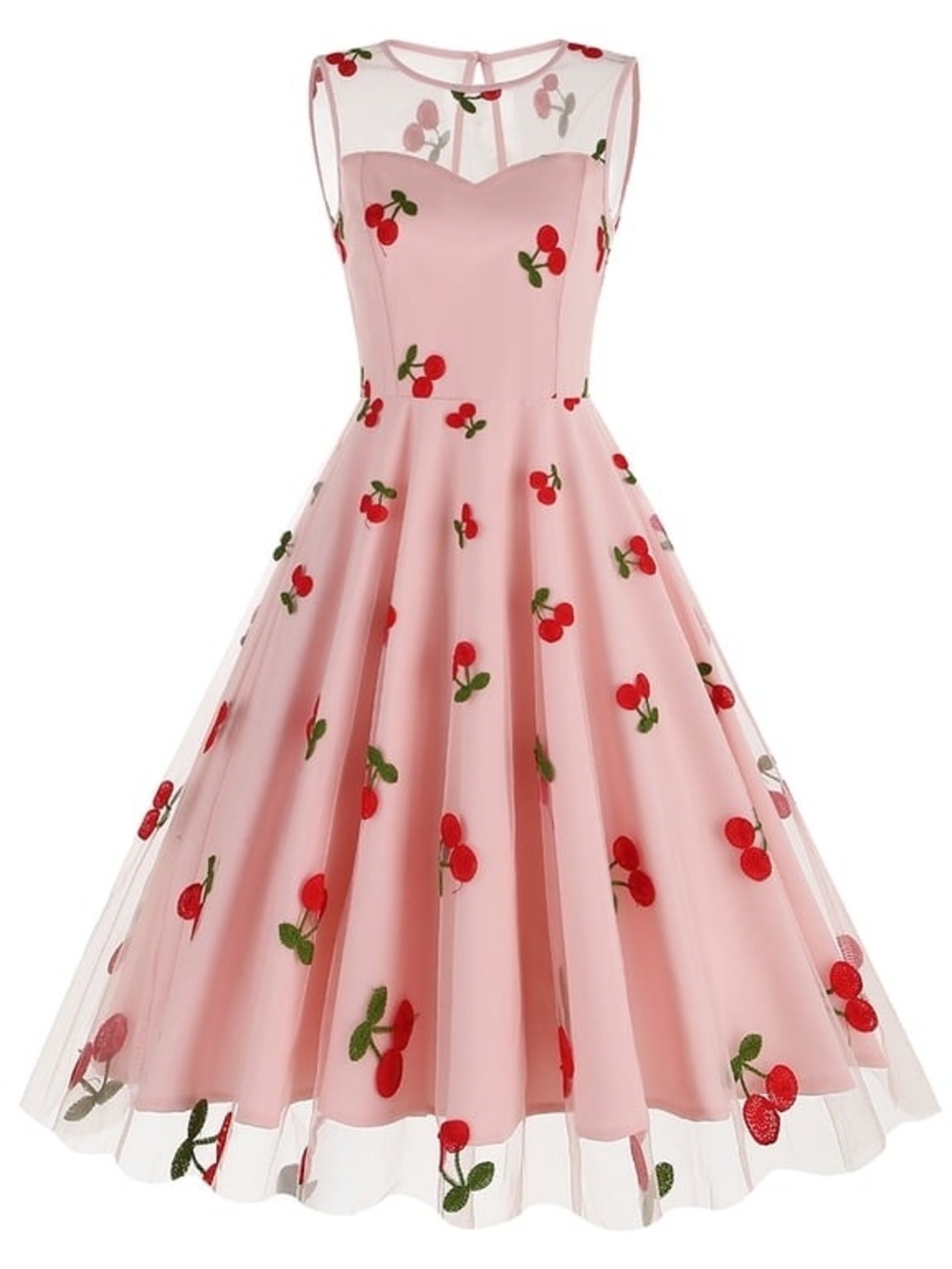 1950's Inspired Pink Cherry Embroidered A-Line Swing Dress - Size XXL